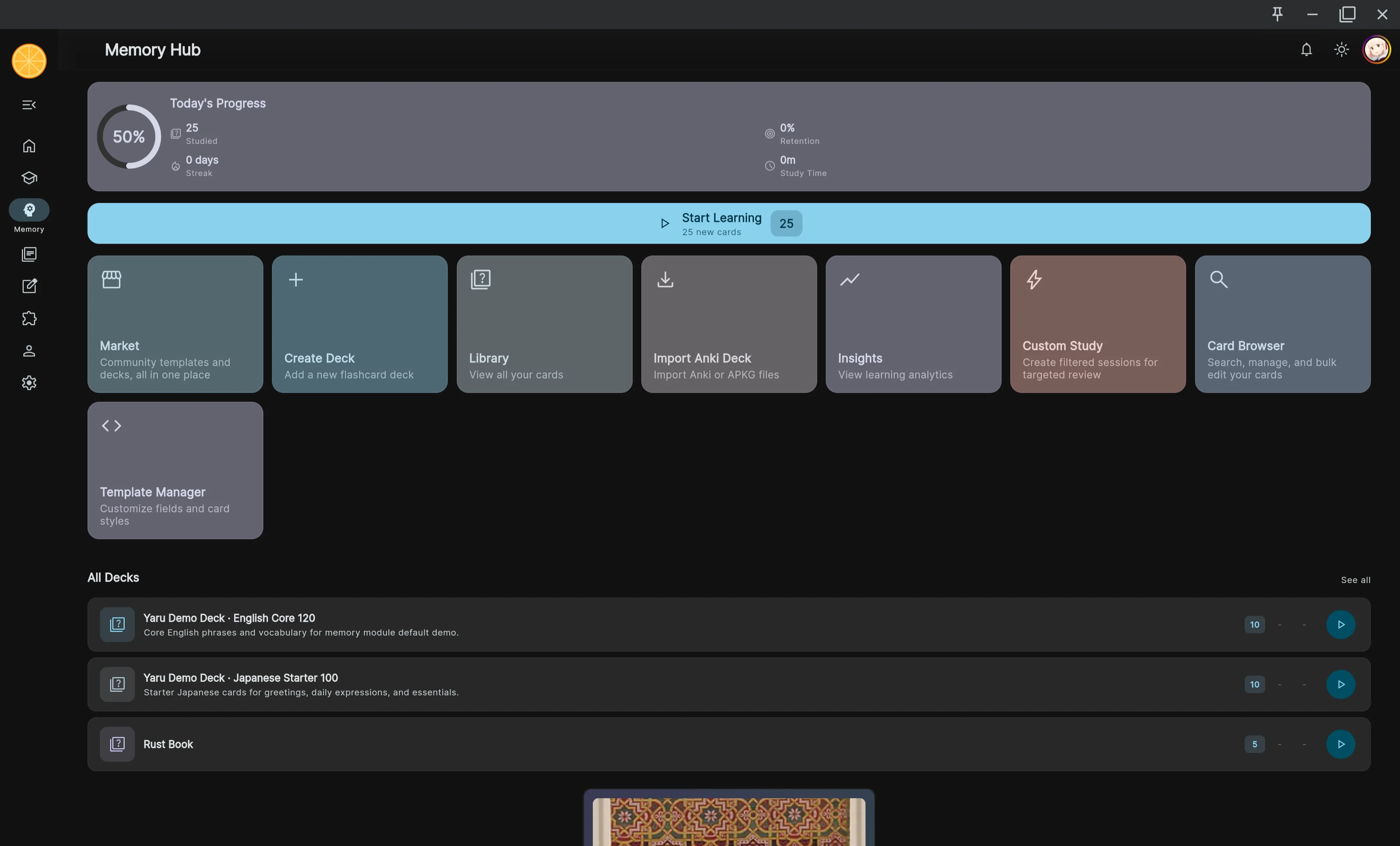 Akari desktop interface screenshot: Memory Hub